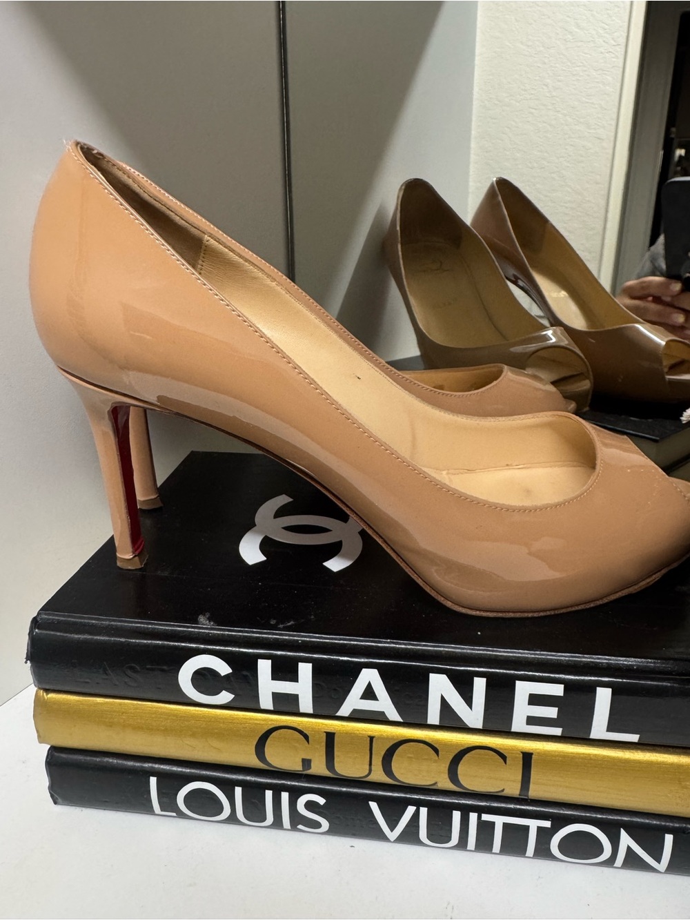 Christian Louboutin Nude Patent Peep-Toe Pumps